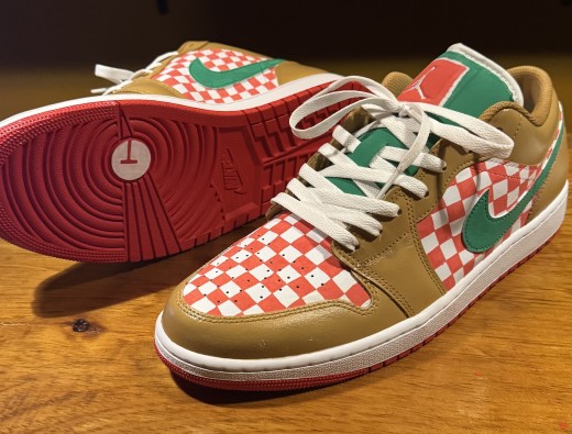 Custom-designed Nike Air Jordan 1's featuring Connecticut pizza-inspired elements