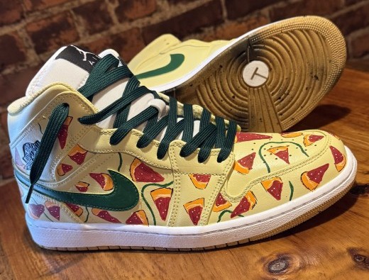 Custom-designed Nike Air Jordan 1's featuring Connecticut pizza-inspired elements