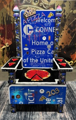 Custom-designed art installation of a pizza-themed throne using Connecticut highway signs