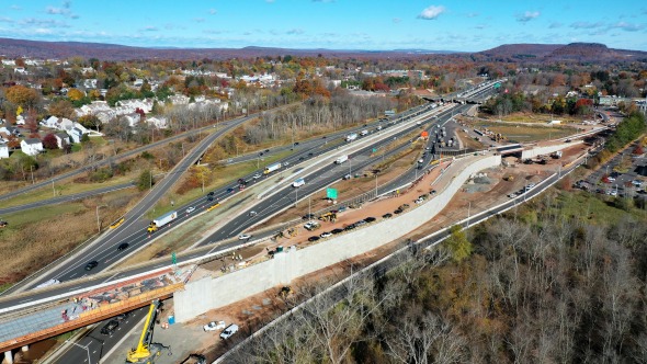 Aerial view of the newly constructed Route 15 northbound bridge in Meriden, scheduled to open May 1, 2026.