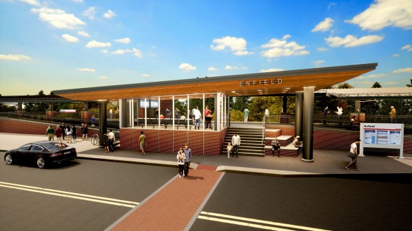 Aerial rendering of the new Enfield Train Station.