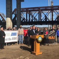 Governor Lamont at the Devon Bridge in Milford