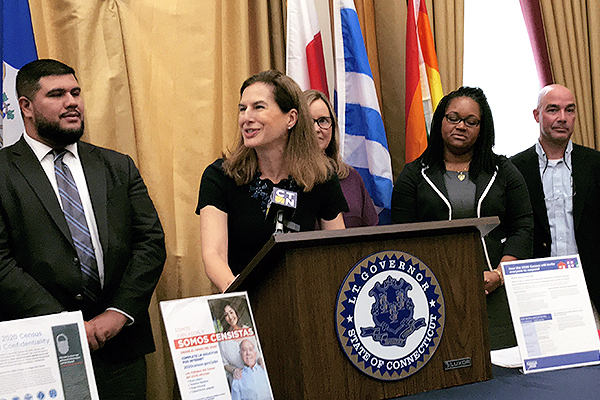 Lieutenant Governor Susan Bysiewicz giving a Press Conference from the State Capitol.