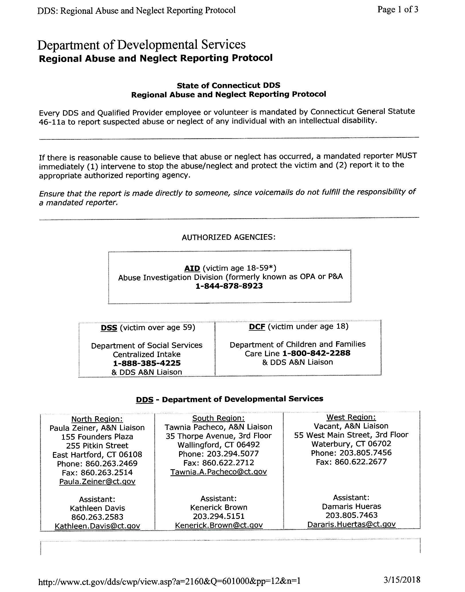 Department of Developmental Services Regional Abuse and Neglect Reporting Protocol - Page 1