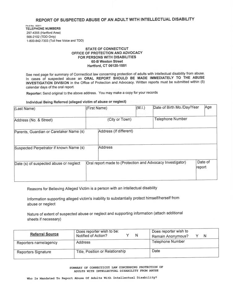 Form: Report of Suspect Abuse of an Adult with Intellectual Disability