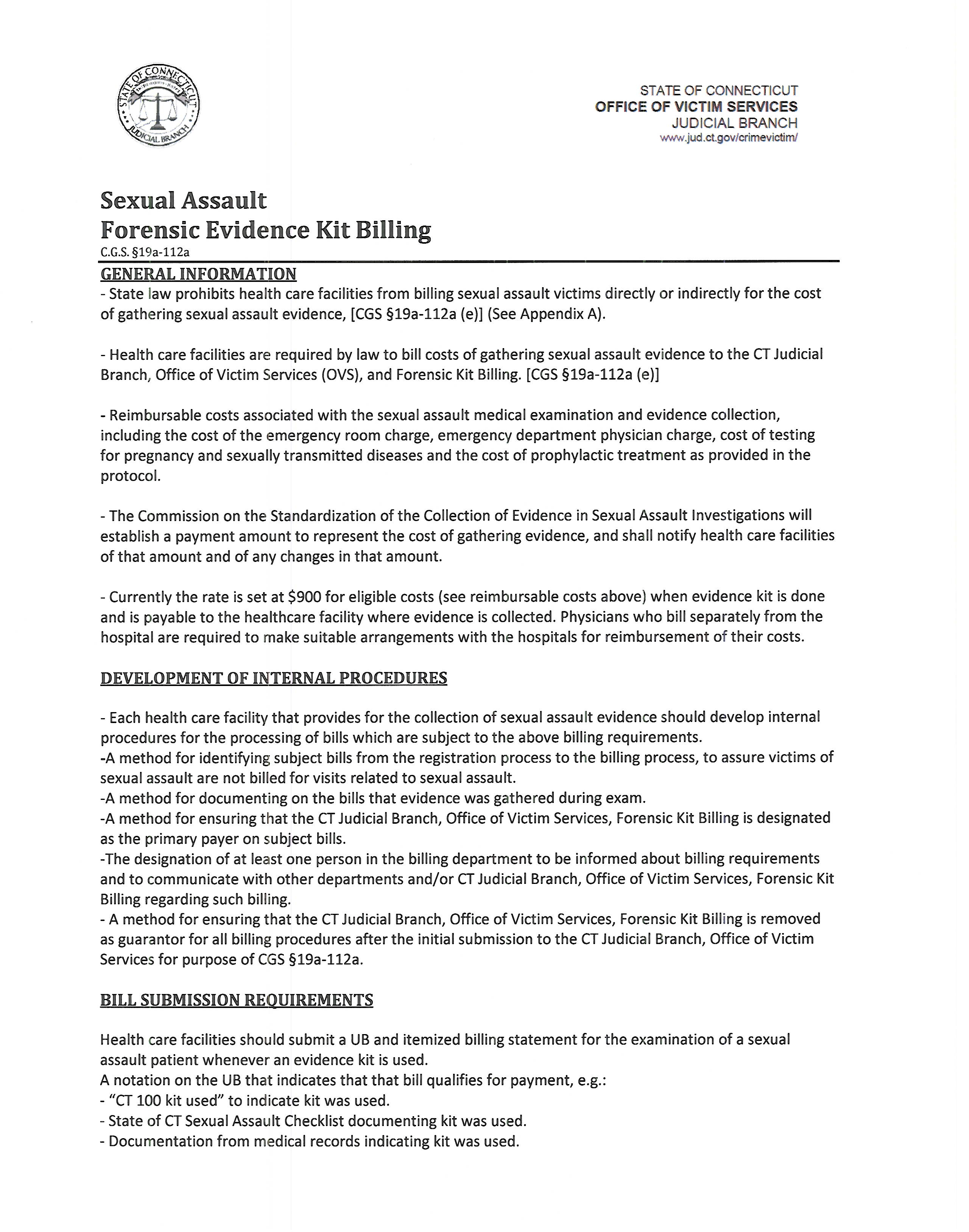 Office of Victim Services: Forensic Assault Evidence Kit Billing - Page 1