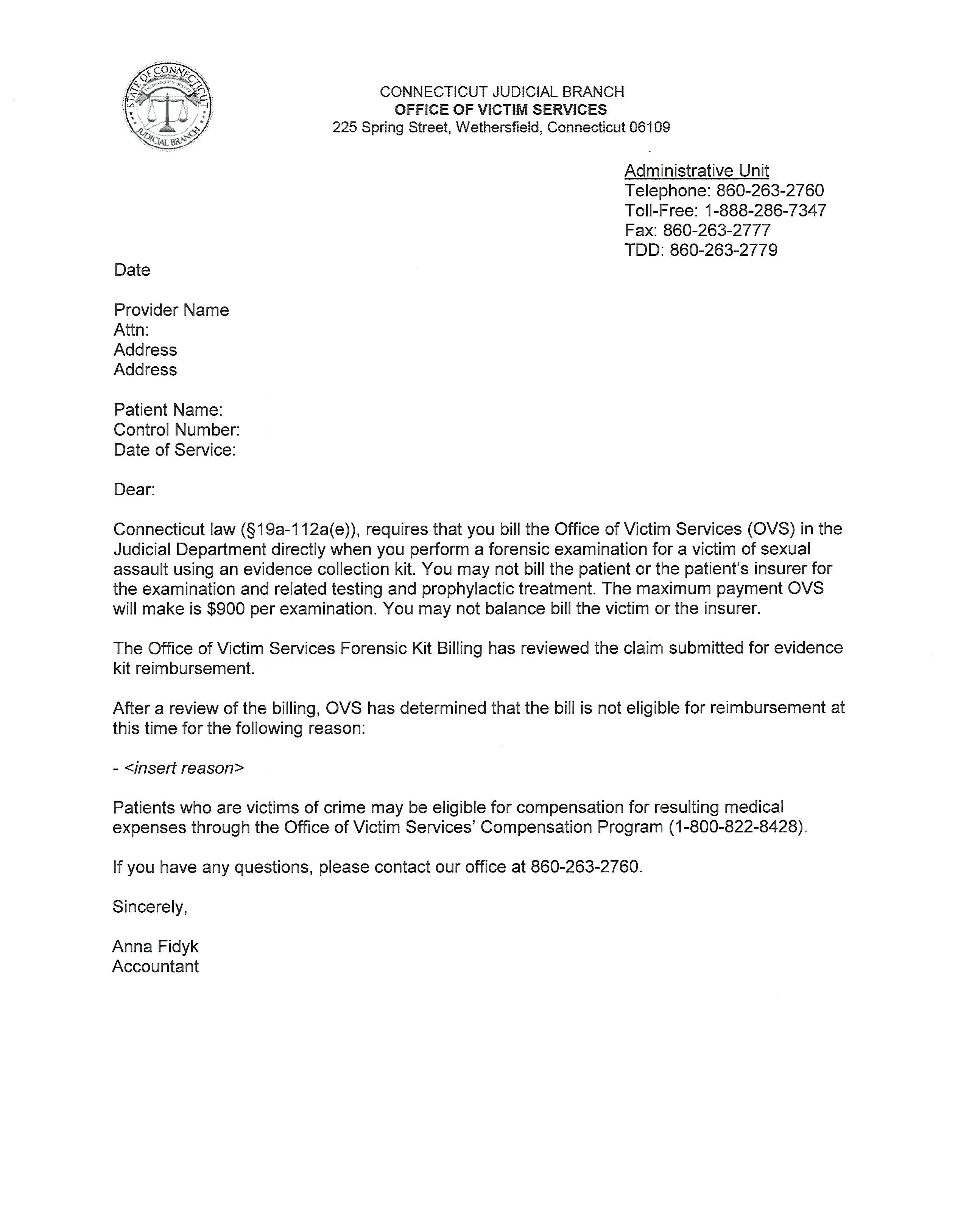 Office of Victim Services: Billing Letter to Provider