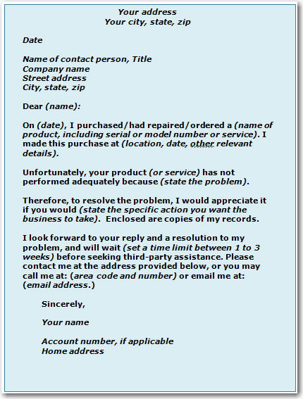 SAMPLE COMPLAINT LETTER TO BUSINESS