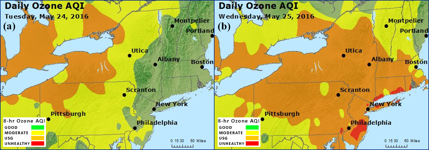 Ozone AQI Maps For May 24-25, 2016 