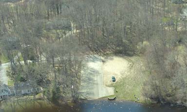 An aerial view of the Gorton Pond boat launch.