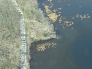 An aerial view of the Lantern Hill Pond boat launch.