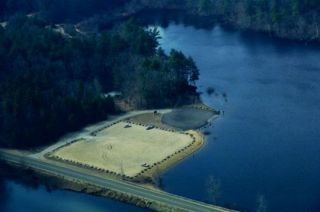 An aerial view of the Mansfield Hollow Lake boat launch.