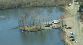 An aerial view of the North Farms Reservoir boat launch.