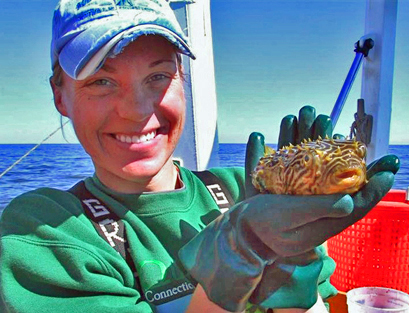 DEP staff holding Striped Burrfish