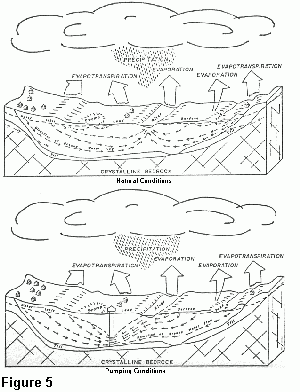 Hypothetical cross sections showing major elements of the hydrologic cycle under natural and pumping conditions.