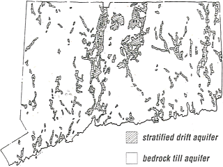 Map identifying location of stratified and bedrock aquifers in Connecticut