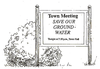Drawing of a sign announcing a town meeting
