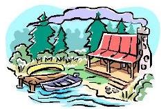 Sketch of a cabin in the woods by a lake with a dock and two small boats.