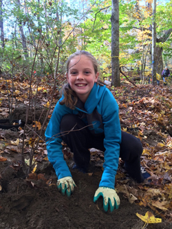 student volunteer planting native trees and shrubs