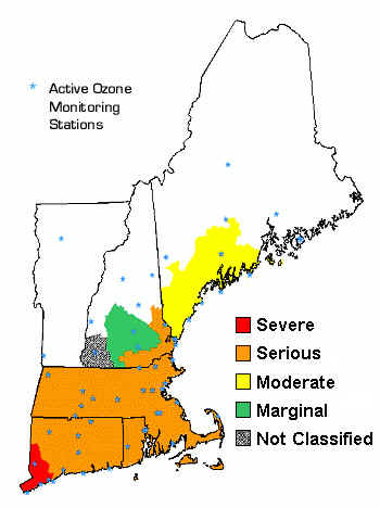 Map of New England from EPA showing active ozone monitoring stations