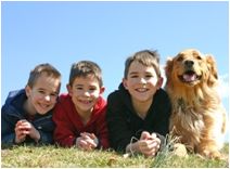 Image of three boys and a dog