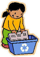 child putting paper in a recycling bin