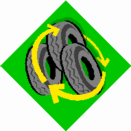 drawing of three tires with a green background and the recycling symbol