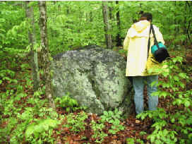 Photograph of boulder of gneiss found along trail