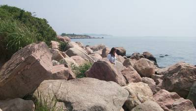 Photograph of large boulders along beach at Meigs Point.