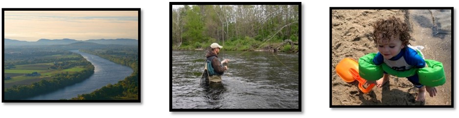 grouped photos of river, fishing, child