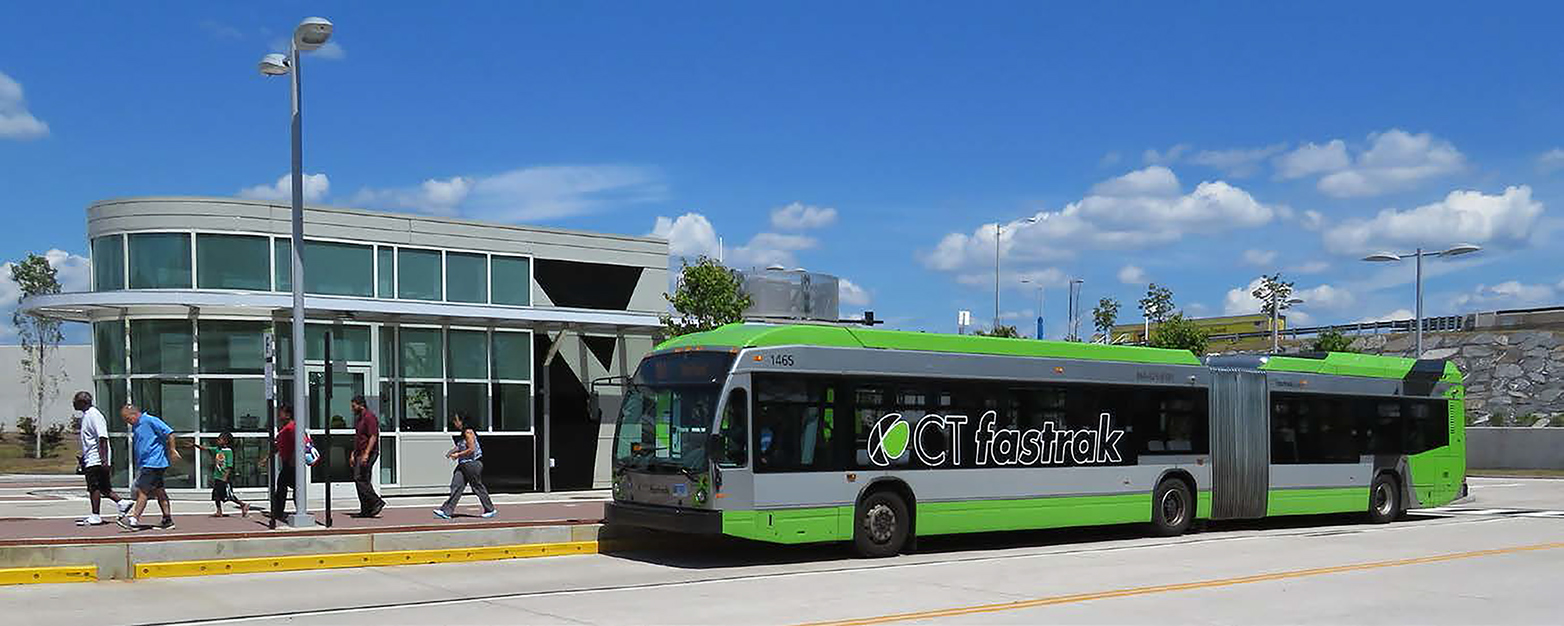 photo of passengers leaving a CTfastrak bus at the Downtown New Britain station in Connecticut