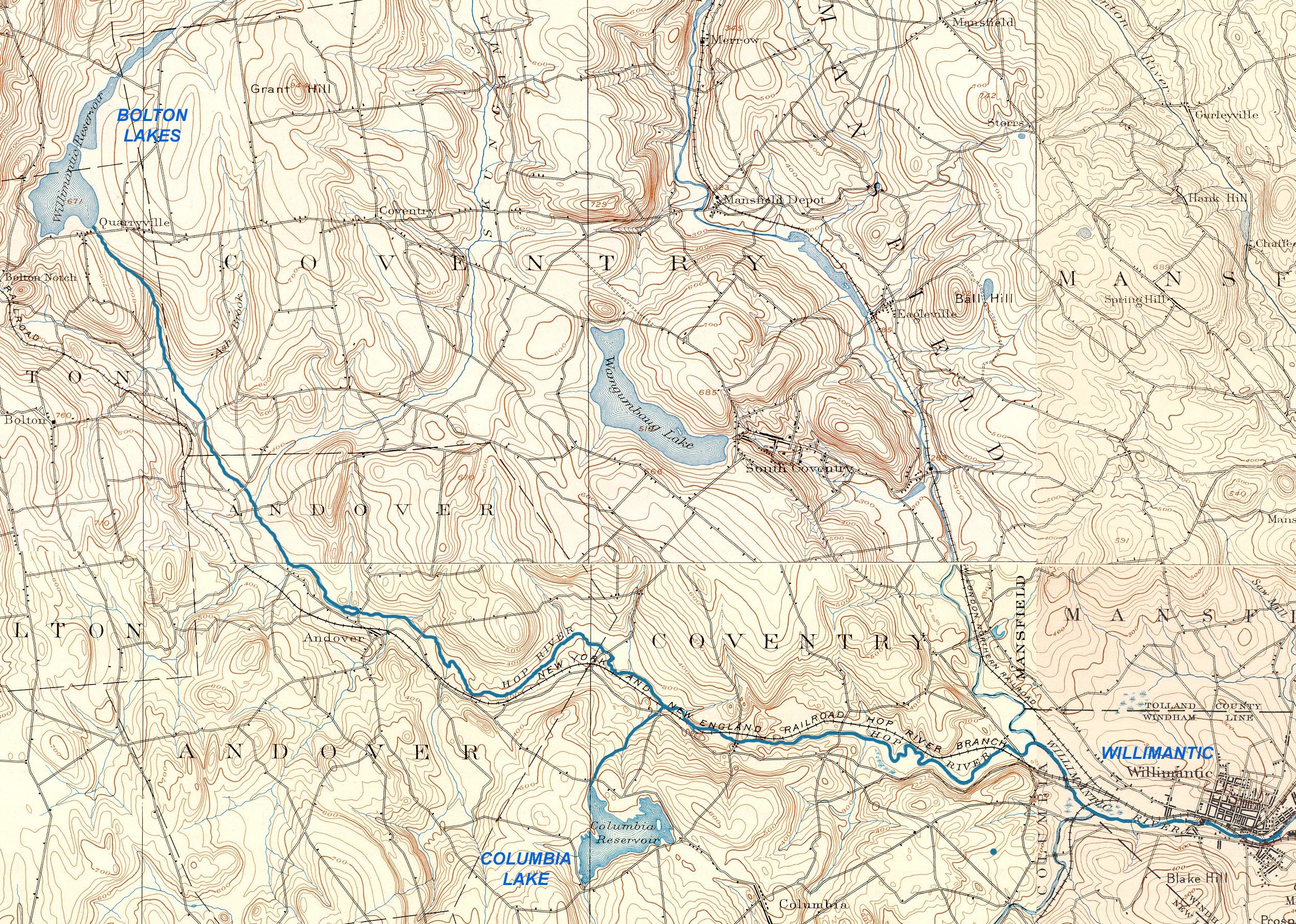 1890 topographical map showing Willimantic and upstream mill ponds