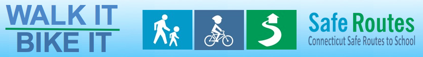 WalkItBikeIt Logo Banner image of pedestrians parent and child and child on a bike and school Safe Routes Connecticut Safe Routes to School