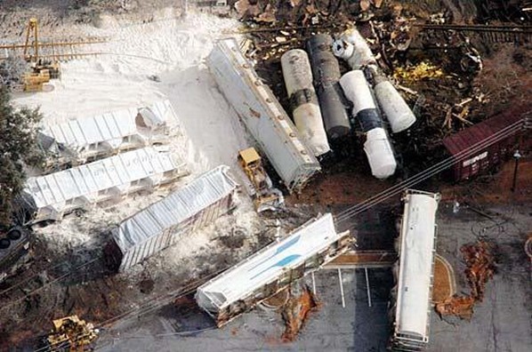 Image of train derailment in Graniteville, SC where dangerous levels of chlorine were released