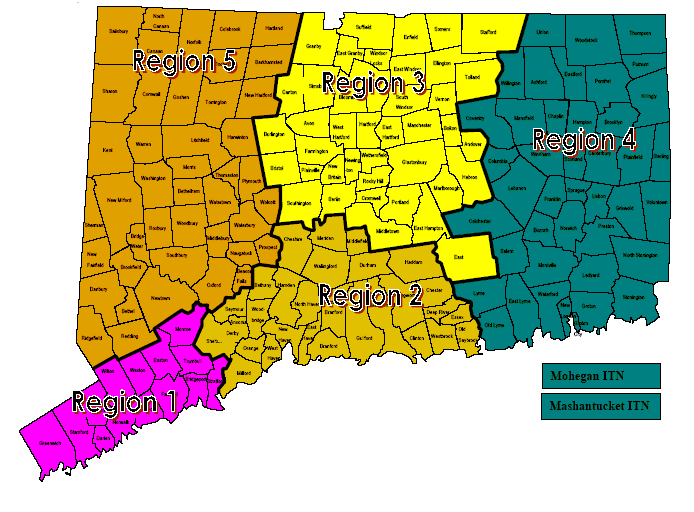 Map Showing the 5 Connecticut E.M.S. Regions