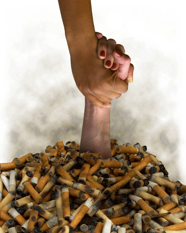 hands coming out of cigarette pile