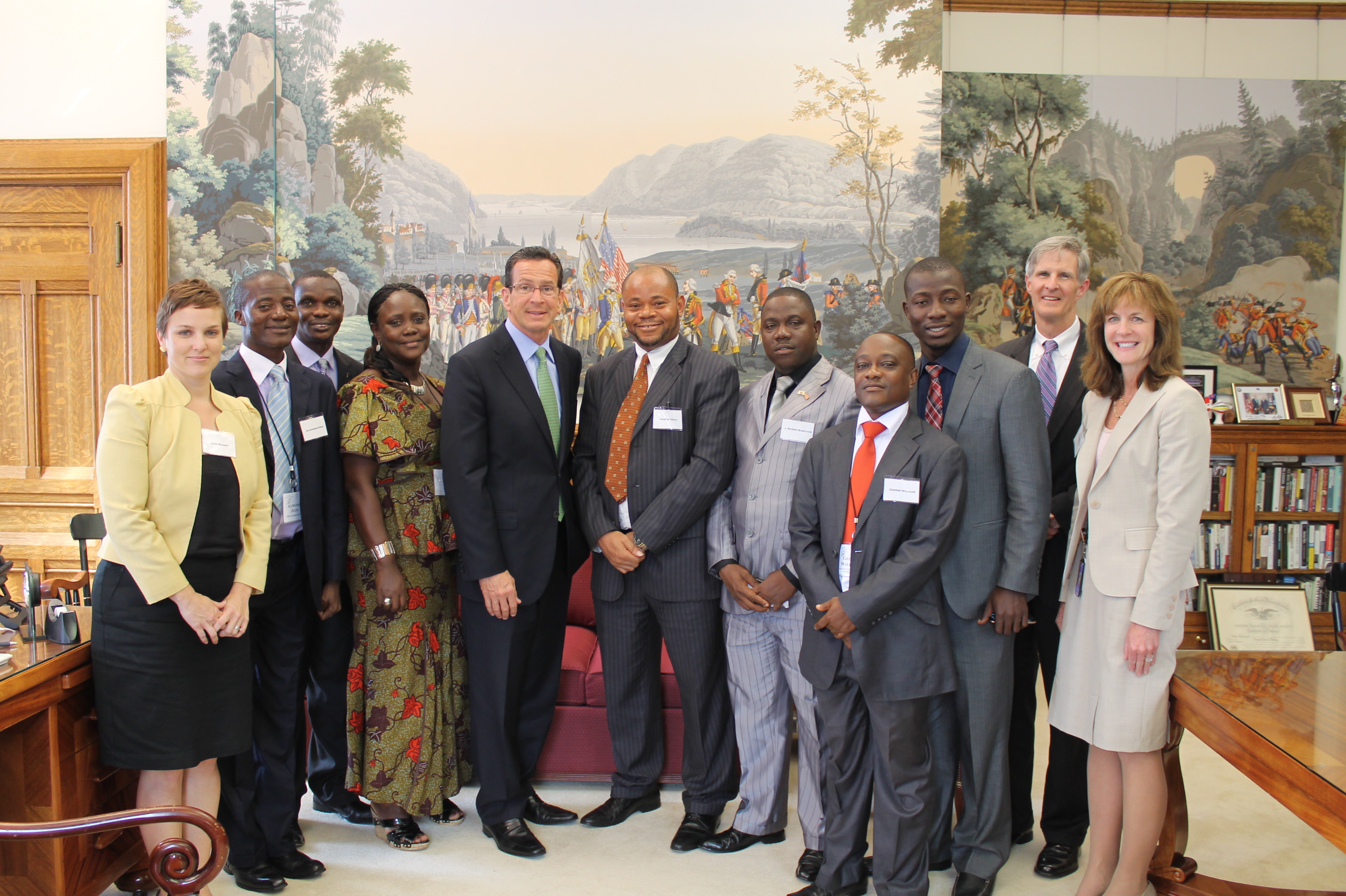 Dannel Malloy (center) met with a group of Liberian governmental officials and representatives from the Carter Center during their visit to study Connecticut’s open government laws on June 3 – 4, 2013.    Also pictured are Owen Eagan, FOI Commissioner, and Colleen Murphy, Executive Director and General Counsel of the FOI Commission.