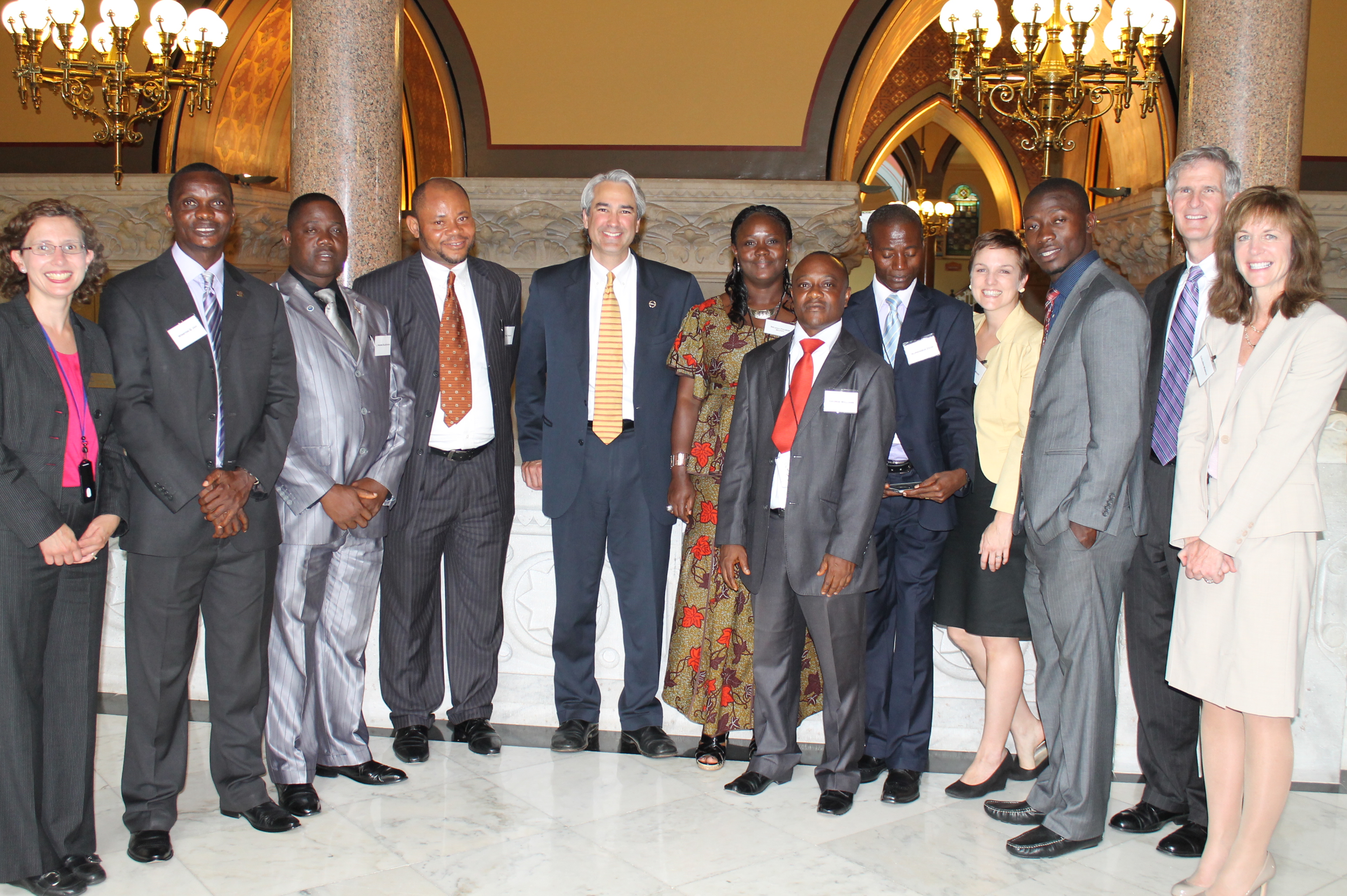 Sen. Anthony Musto (center) met with a group of Liberian government officials and representatives from the Carter Center during their visit to study Connecticut’s open government laws on June 3 -4, 2013.  Also pictured are FOIC Attorney Paula Pearlman (far left), FOI Commissioner Owen Eagan and FOIC Executive Director and General Counsel Colleen Murphy (far right).