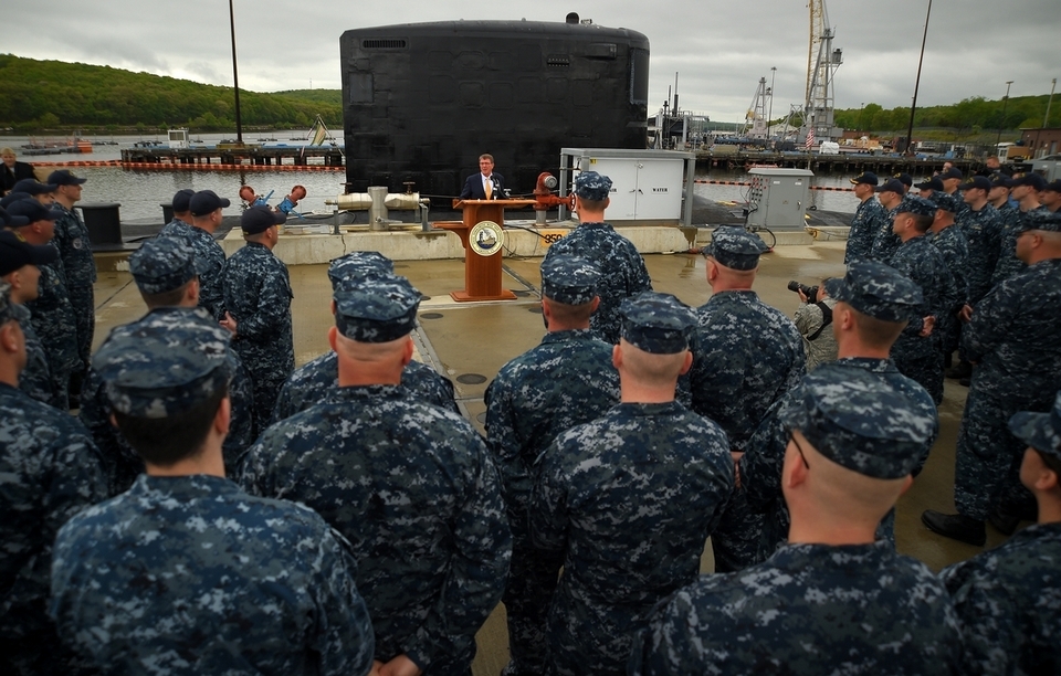 Secretary of Defense Ashton B. Carter addresses the crews of USS Hartford and USS New Mexico.