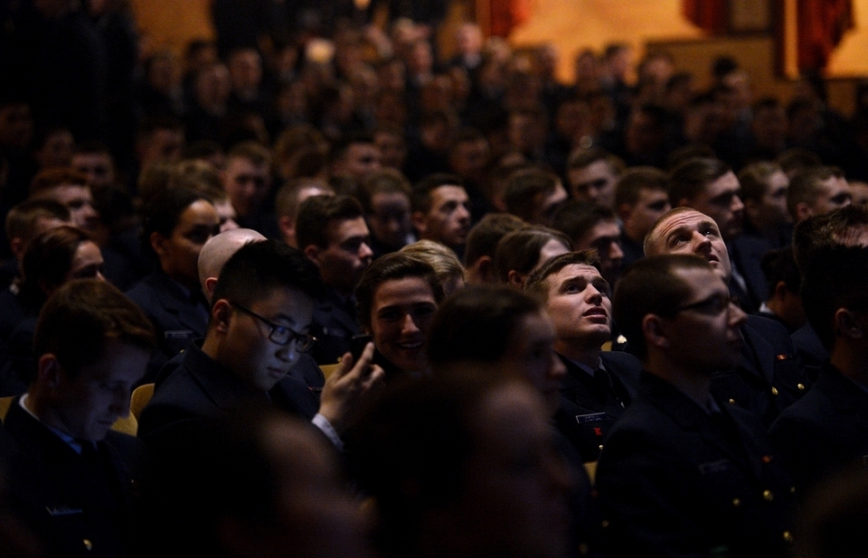 The corps of cadets file in for the advanced screening of The Finest Hours.