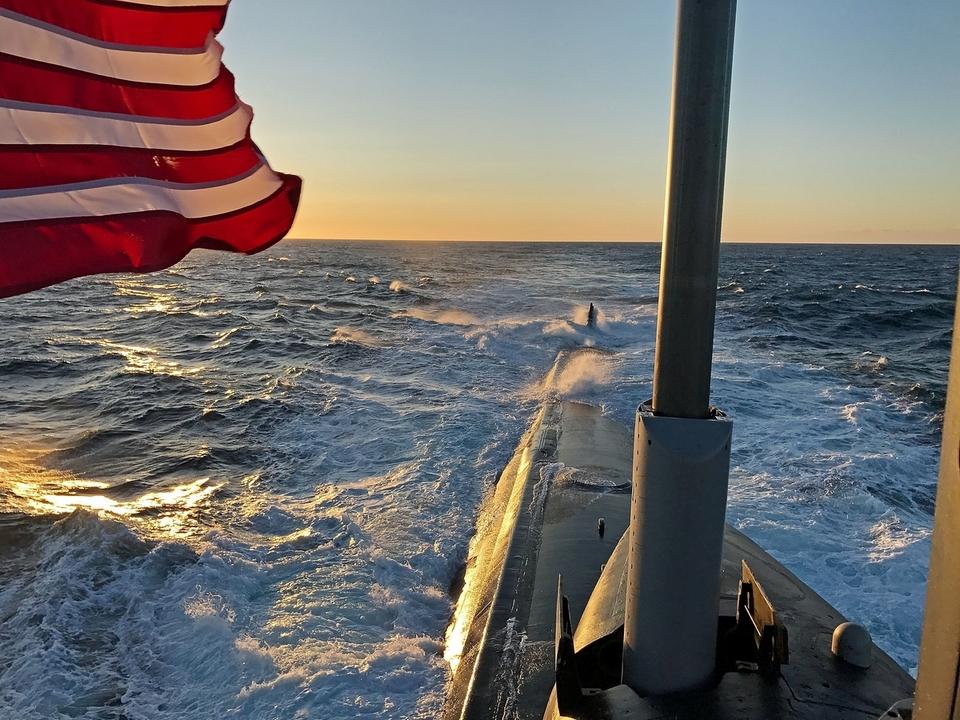 The view from the bridge of the USS John Warner submarine after sunrise Friday, Sept. 8, 2017.