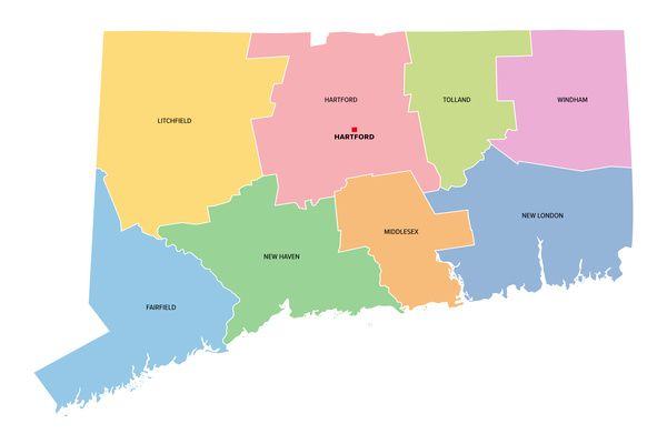 Map of Connecticut showing each county in a different color, with county names labeled on their respective sections.