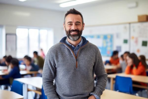 Male teacher smiling and standing at the front of the classroom