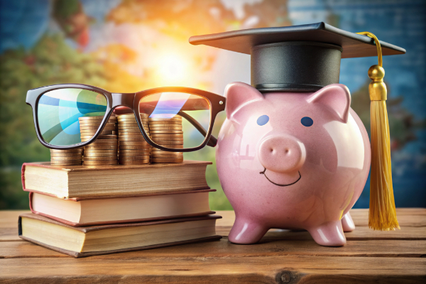 Piggy bank, graduate mortarboard, eyeglasses, and pennies.