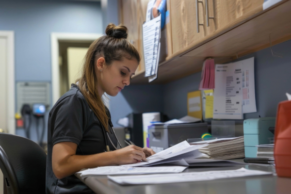 Woman working at a desk filled with paperwork