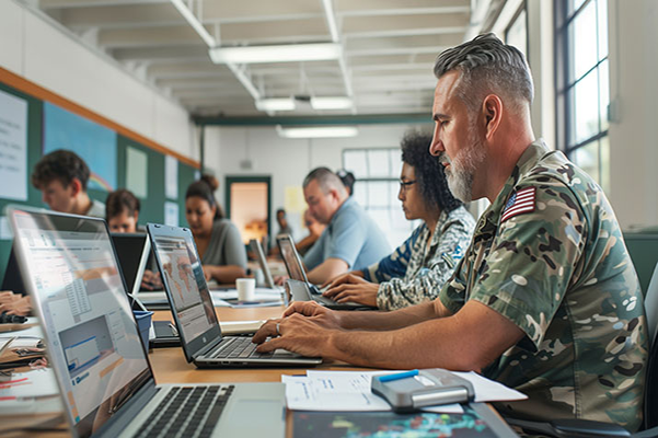 A classroom with veterans attending a computer skills workshop
