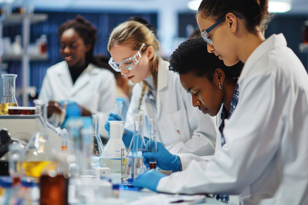 College students conducting experiment in a lab