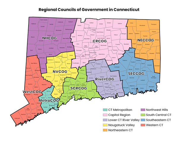 Map showing the regional councils of government in Connecticut and their geographic boundaries.