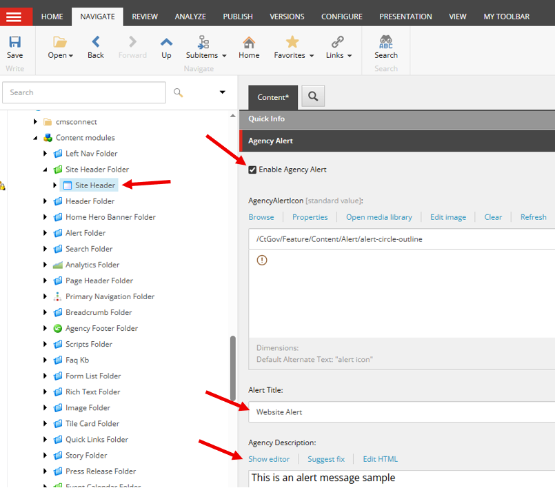 Agency alert content editor.