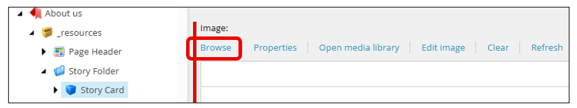 Screenshot of lower left and upper right dropdown showing media library with red circle noting where to select it.